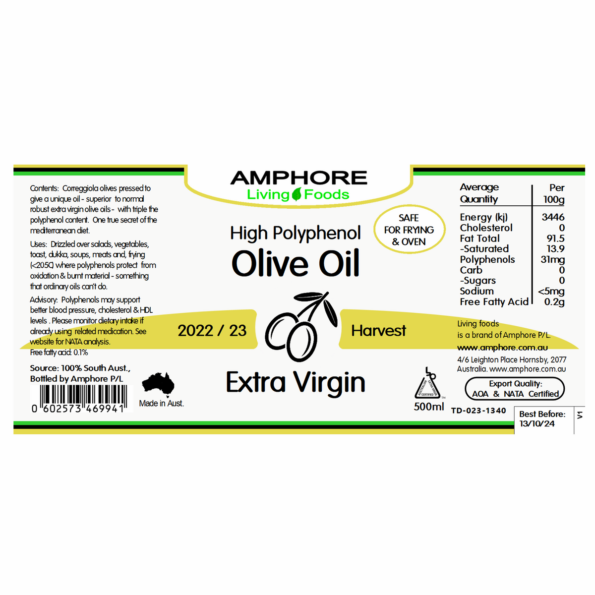 OLIVE OIL (EV) High Polyphenol (Singles OR Packs) Amphore Living Foods